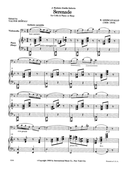Serenade For Cello And Harp (Or Cello And Piano)