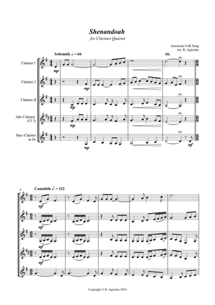 Shenandoah - for Clarinet Quartet image number null