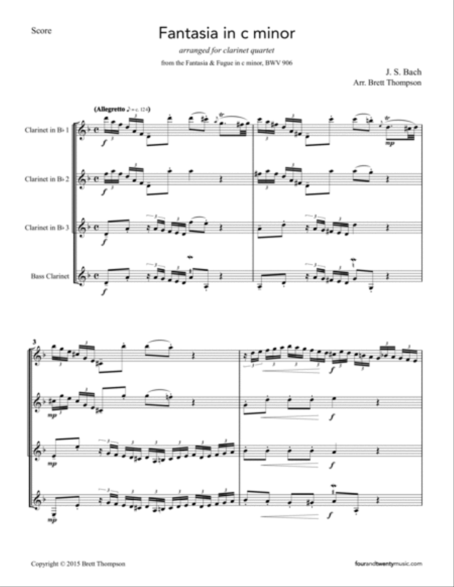 Fantasia in C minor, BWV 906, arranged for clarinet quartet Clarinet Quartet scores gallery preview page 2