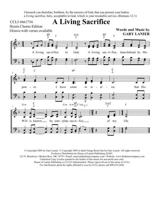 A LIVING SACRIFICE, Worship Hymn Sheet (Includes Melody, Lyrics, 4 Part Harmony & Chords)