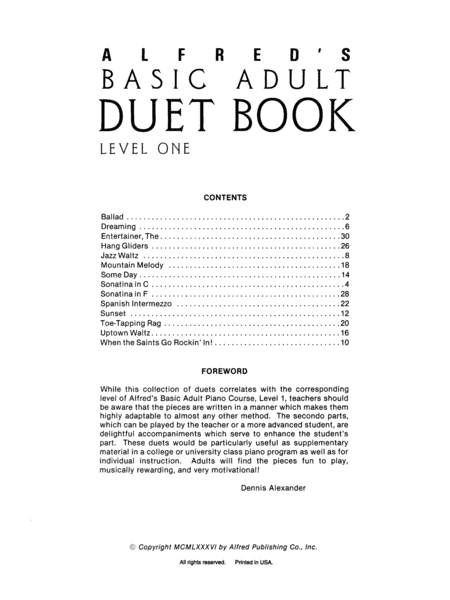 Alfred's Basic Adult Piano Course Duet Book, Book 1