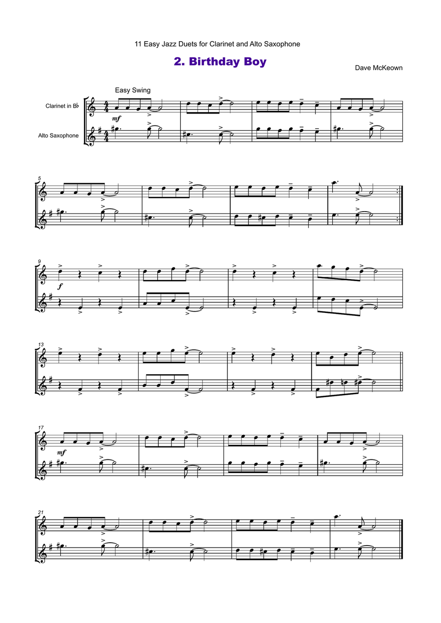 11 Easy Jazz Duets for Clarinet and Alto Saxophone Woodwind Duet scores gallery preview page 3