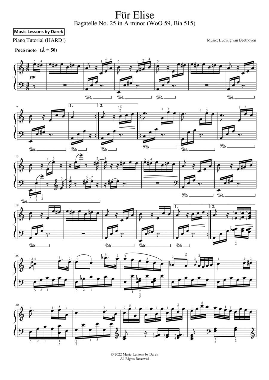 Für Elise (HARD PIANO) Bagatelle No. 25 in A minor (WoO 59, Bia 515) [Ludwig van Beethoven] Piano Solo scores gallery preview page 1