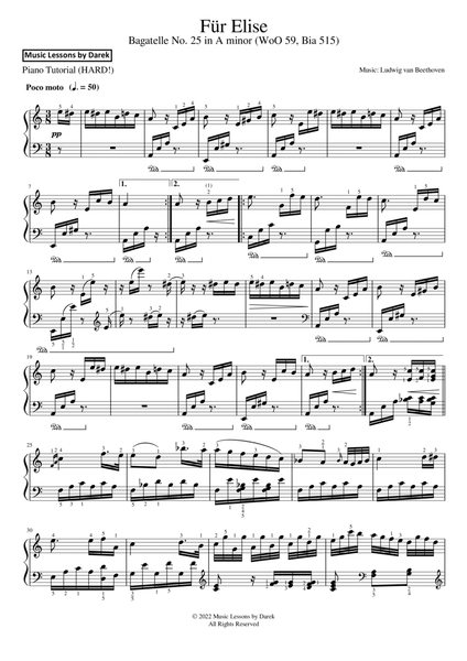 Für Elise (HARD PIANO) Bagatelle No. 25 in A minor (WoO 59, Bia 515) [Ludwig van Beethoven] image number null