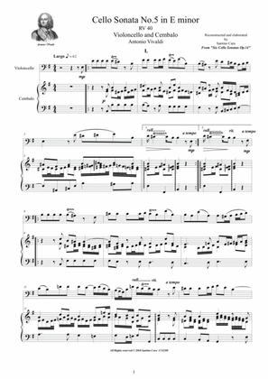 Book cover for Vivaldi - Cello Sonata No.5 in E minor Op.14 RV 40 for Cello and Cembalo (or Piano)