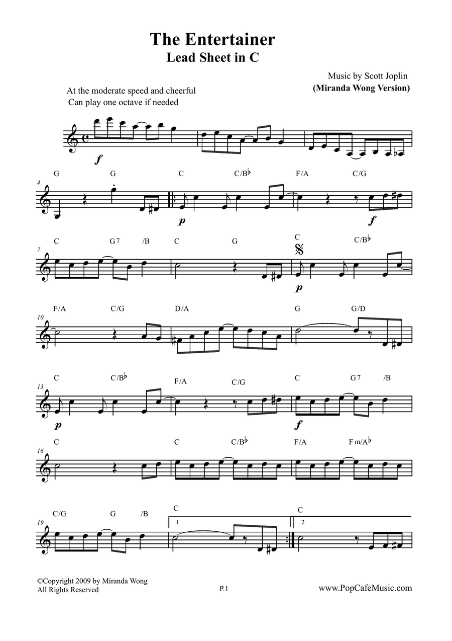 The Entertainer - Lead Sheet in C Key