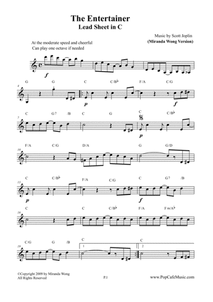 The Entertainer - Lead Sheet in C Key