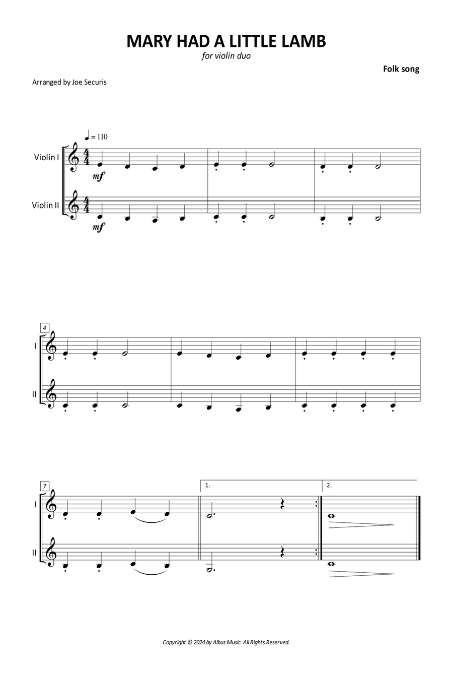 Mary Had A Little Lamb Mary Had A Little Lamb String Duet scores gallery preview page 1