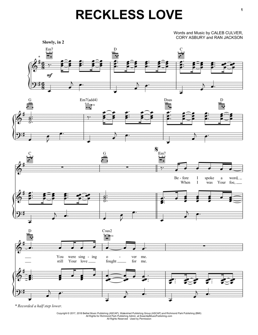Reckless Love Piano, Vocal, Guitar scores gallery preview page 1