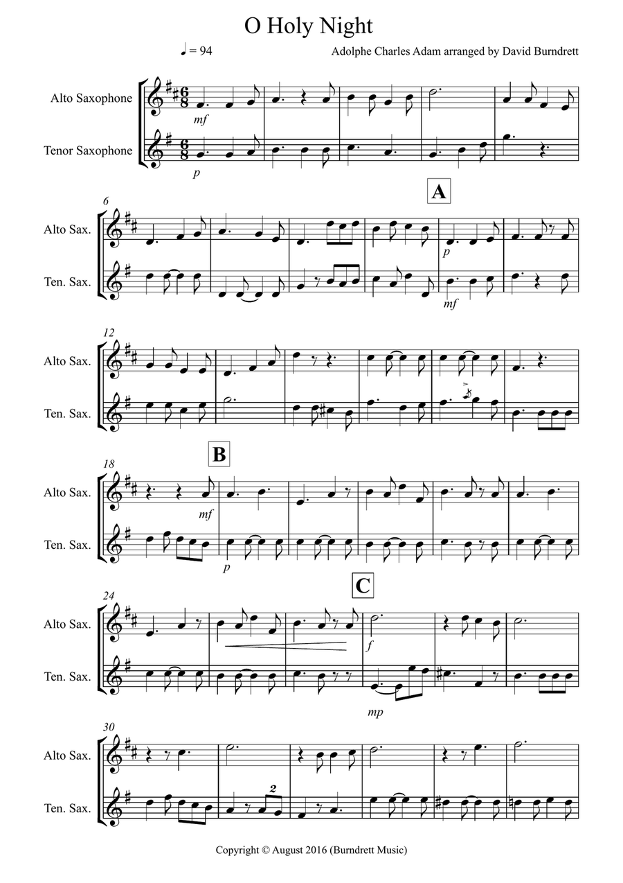O Holy Night for Alto and Tenor Saxophone Duet Woodwind Duet scores gallery preview page 1