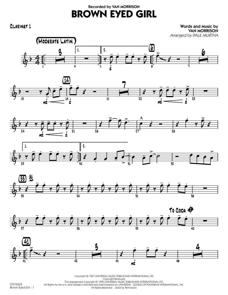 Brown Eyed Girl - Bb Clarinet 1 B-Flat Clarinet scores gallery preview page 1