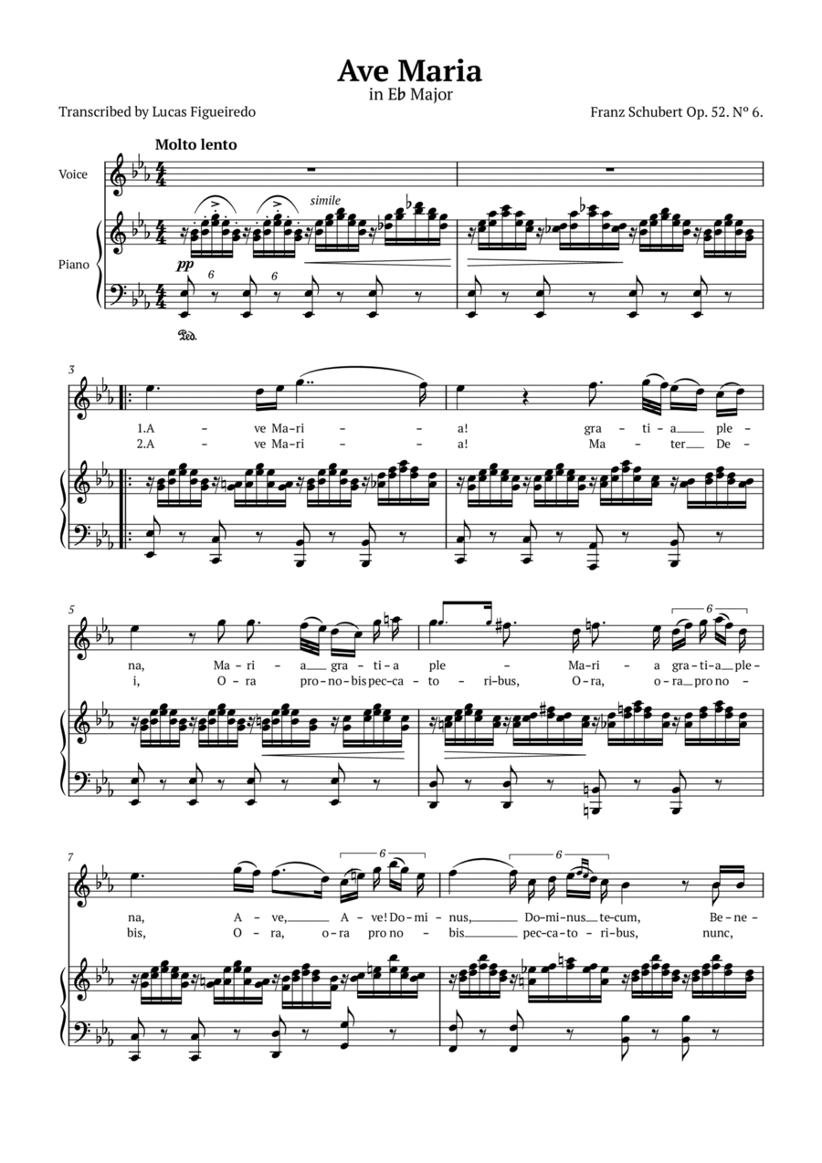 Ave Maria (Schubert) in Eb Major for Piano and Voice (Lyrics in Latin) Voice scores gallery preview page 1