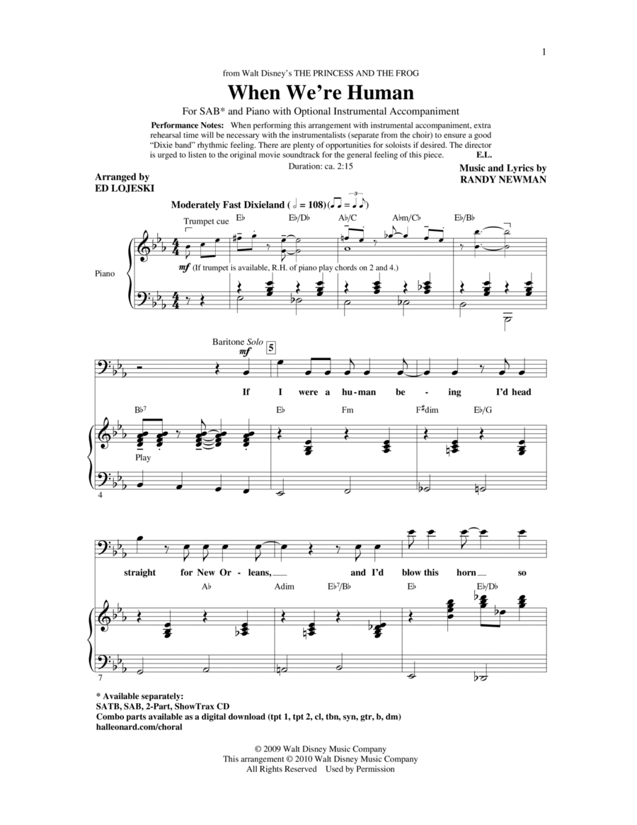 When We're Human (from The Princess And The Frog) 3-Part scores gallery preview page 1