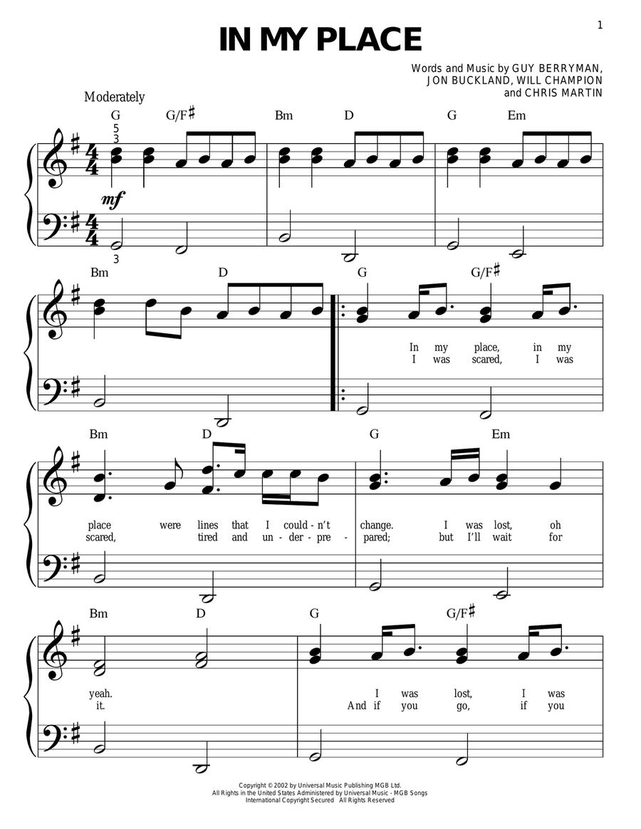In My Place Easy Piano scores gallery preview page 1