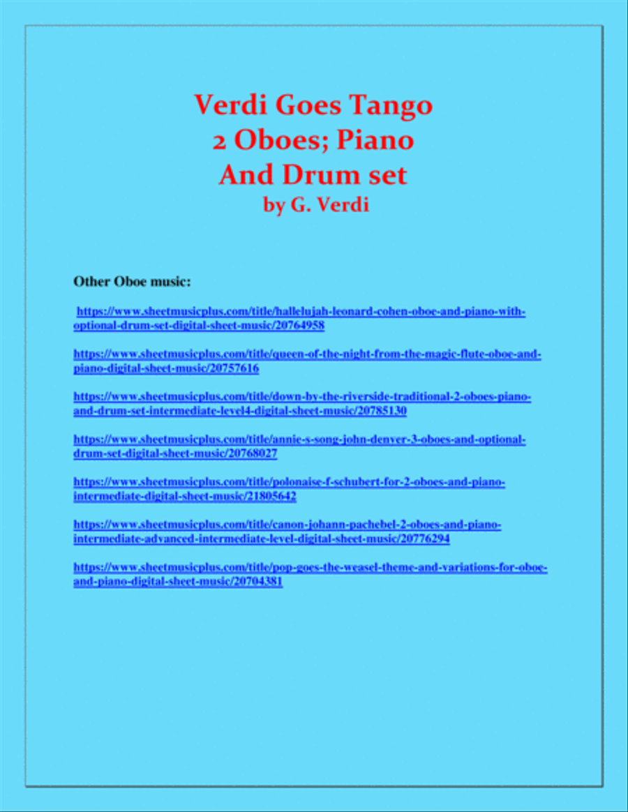 Verdi Goes Tango - G.Verdi - 2 Oboes, Piano and Drum Set Woodwind Duet scores gallery preview page 3