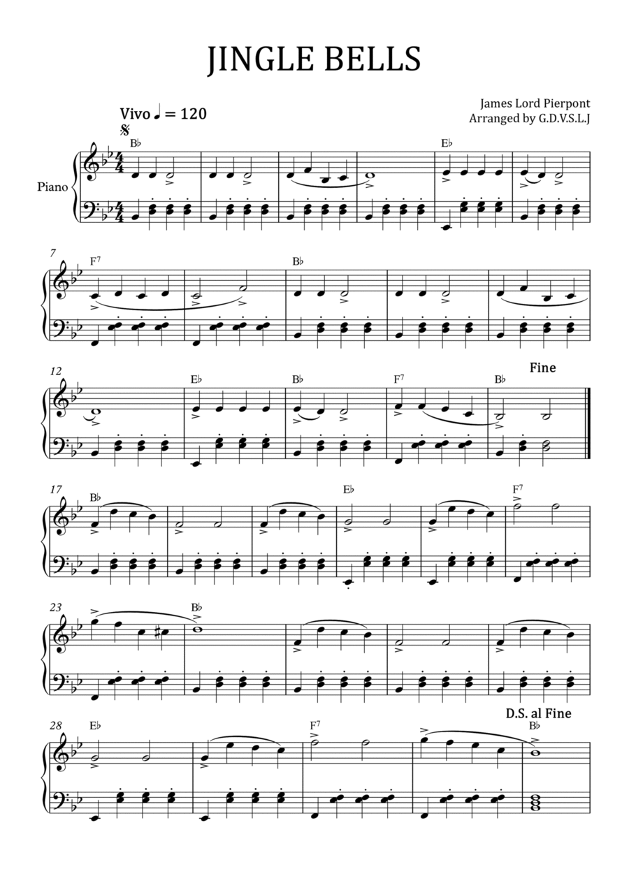 Jingle Bells in Bb Easy Piano scores gallery preview page 1
