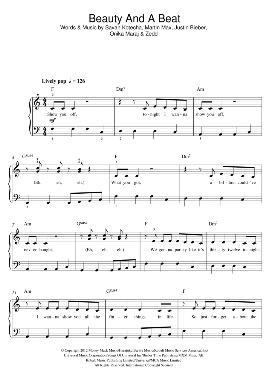 Beauty And A Beat (featuring Nicki Minaj) Piano scores gallery preview page 1