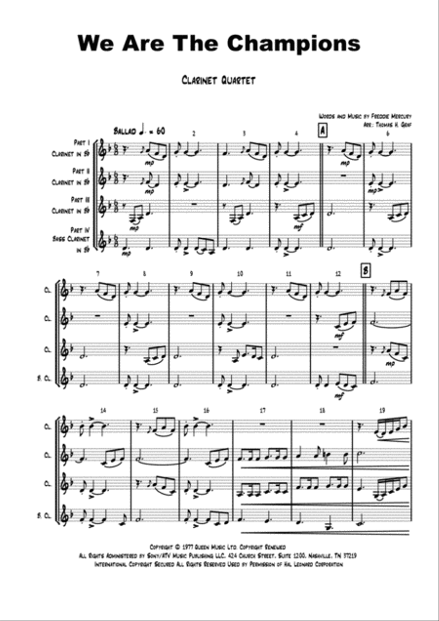 We Are The Champions Woodwind Quartet scores gallery preview page 1