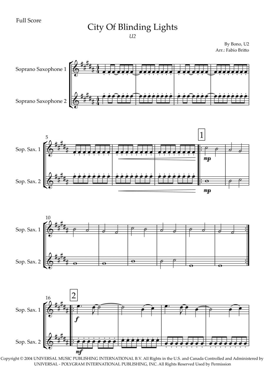 City Of Blinding Lights City Of Blinding Lights Woodwind Duet scores gallery preview page 1