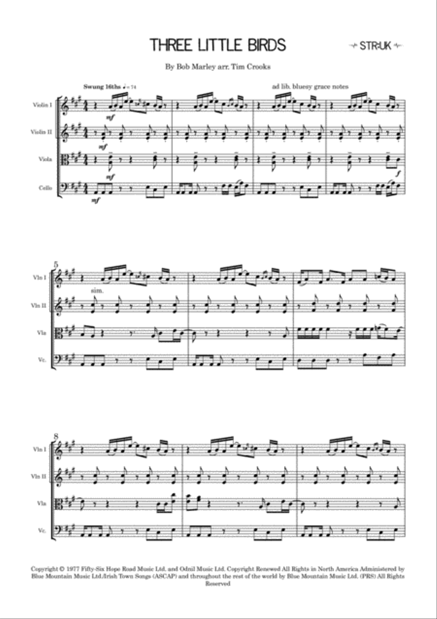 Three Little Birds String Quartet scores gallery preview page 2
