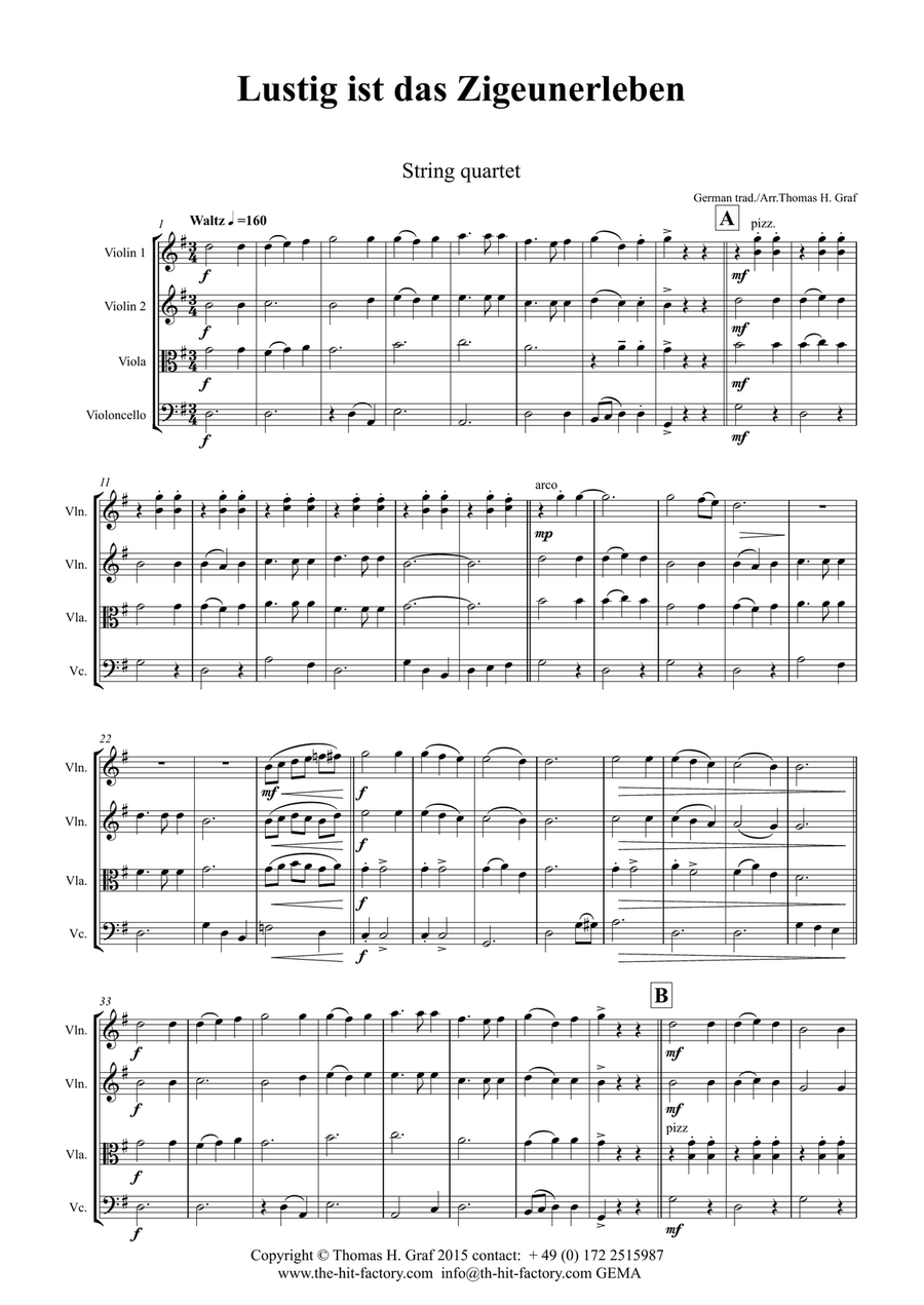 Lustig ist das Zigeunerleben - German Folk Song - Oktoberfest - String Quartet String Quartet scores gallery preview page 1