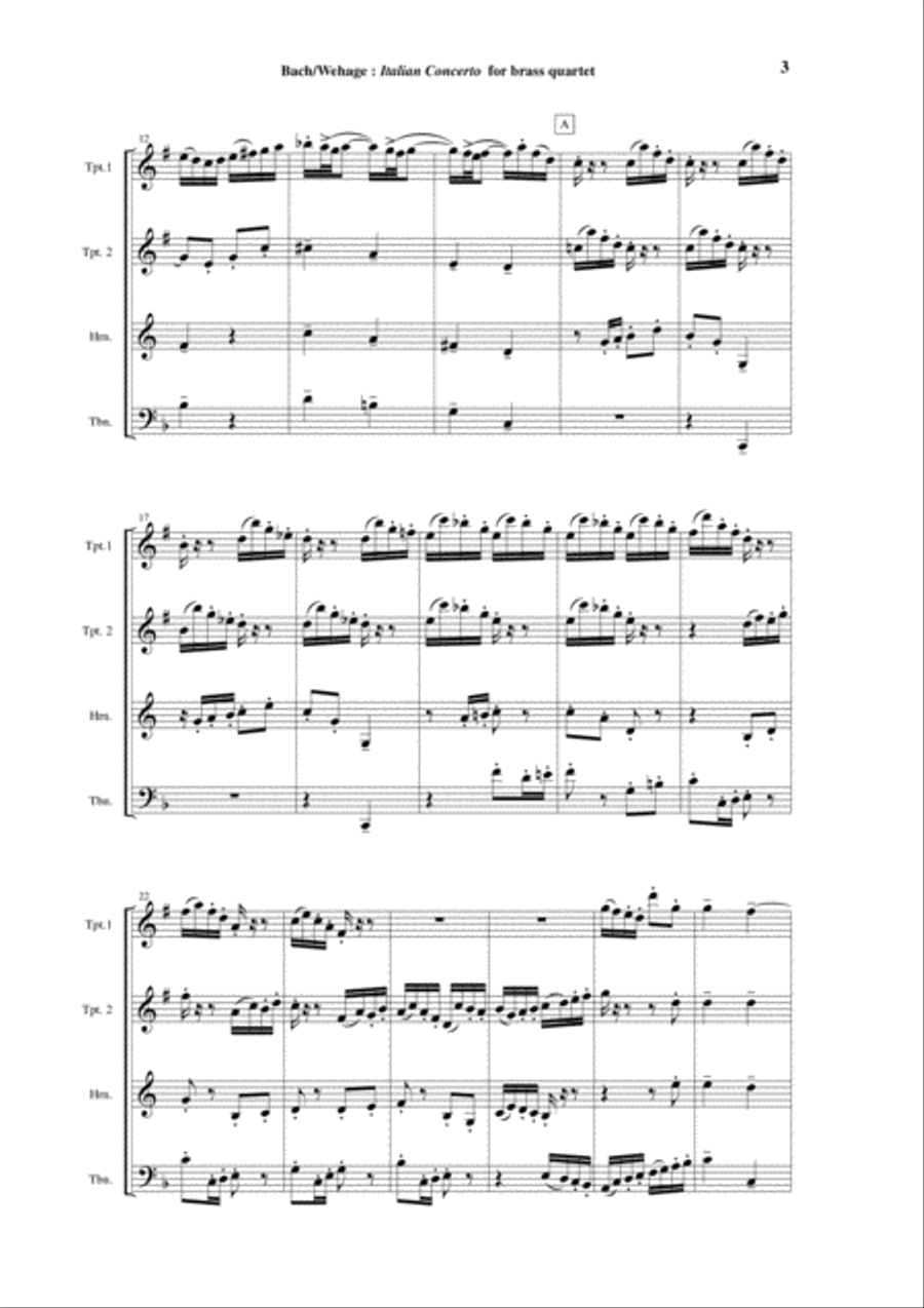 J. S. Bach: Italian Concerto BWV 971, arranged for two Bb trumpets, F horn and trombone or tuba Brass Ensemble scores gallery preview page 3
