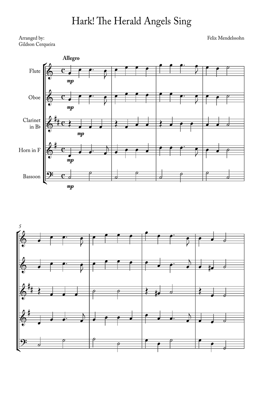 Hark! The Herald Angels Sing Woodwind Quintet scores gallery preview page 1