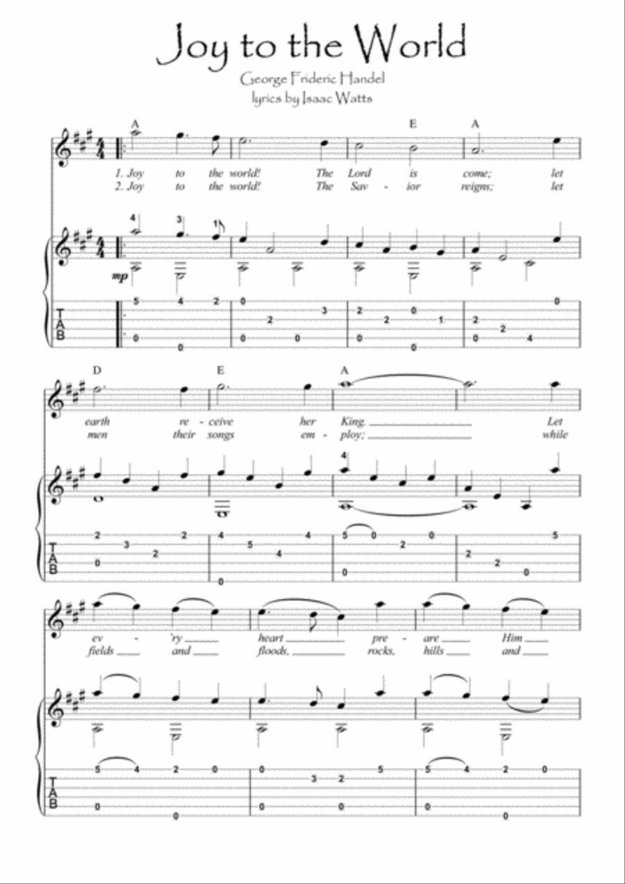 Joy to the World Christmas Carol for easy guitar Acoustic Guitar scores gallery preview page 1