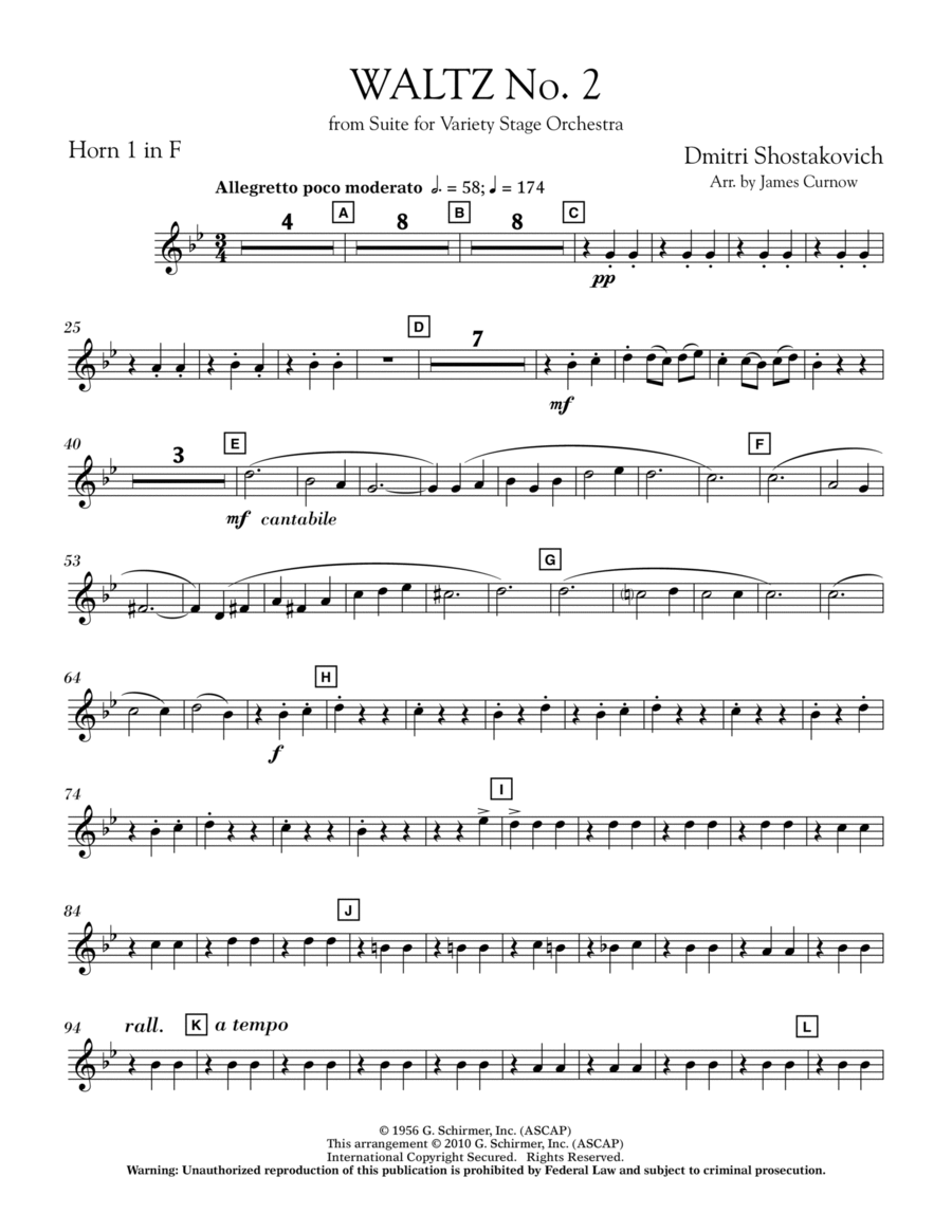 Waltz No. 2 (from Suite For Variety Stage Orchestra) - F Horn 1