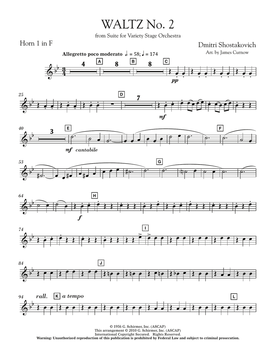 Waltz No. 2 (from Suite For Variety Stage Orchestra) - F Horn 1