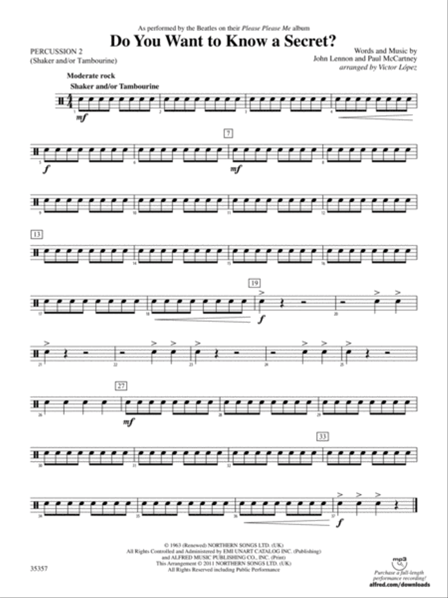 Do You Want to Know a Secret?: 2nd Percussion Concert Band scores gallery preview page 1