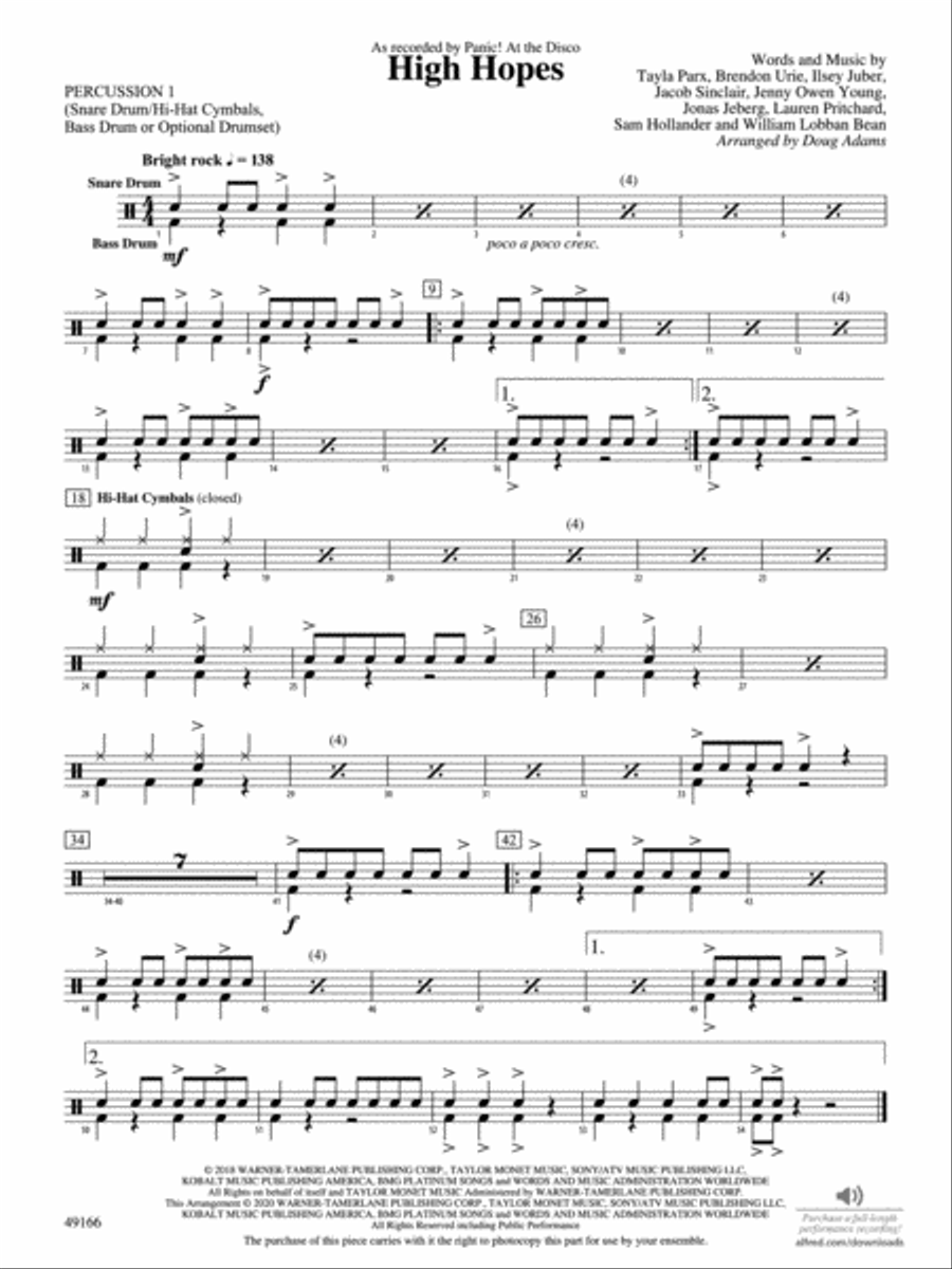 High Hopes: 1st Percussion Concert Band scores gallery preview page 1
