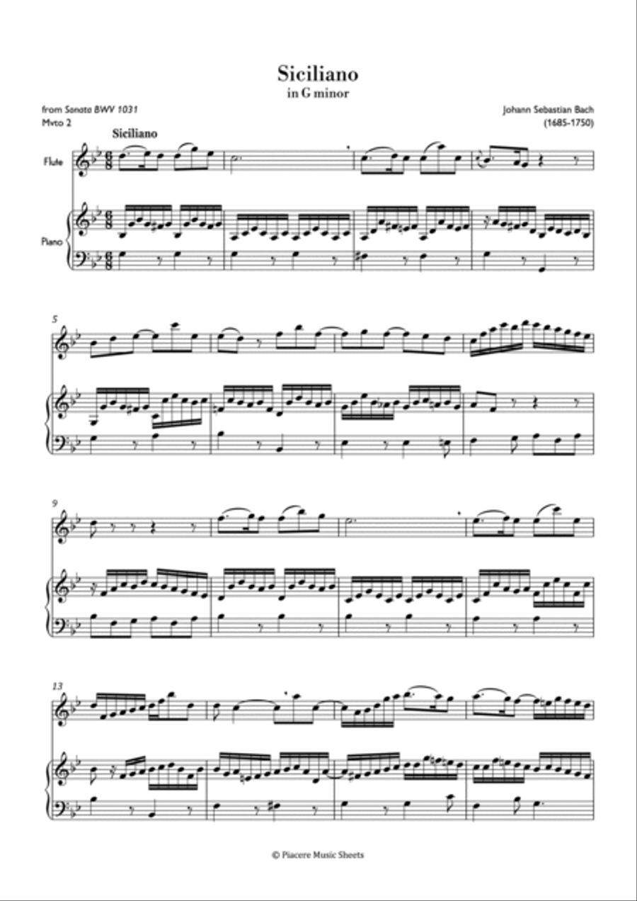 J.S. Bach - Siciliano in G minor from Flute Sonata - Intermediate Flute Solo scores gallery preview page 2