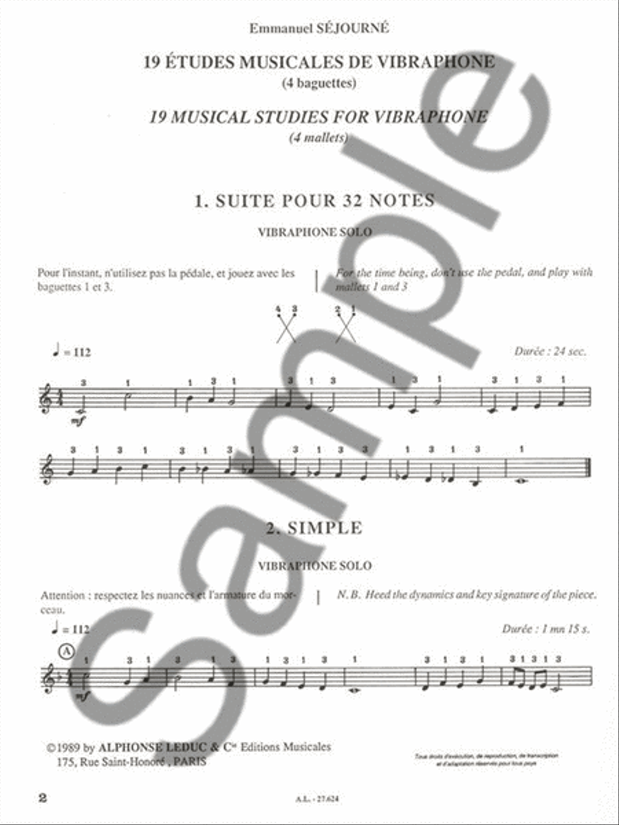 Emmanuel Sejourne - Dix-neuf Etudes Musicales De Vibraphone, Vol. 5 Vibraphone scores gallery preview page 2