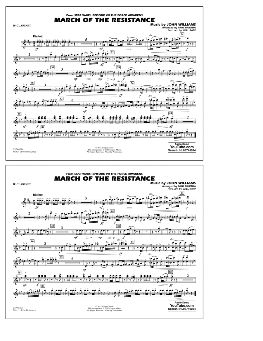 The March of the Resistance (from Star Wars: The Force Awakens) - Bb Clarinet B-Flat Clarinet scores gallery preview page 1