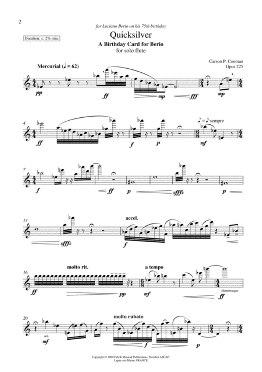 Carson Cooman: Quicksilver: A Birthday Card for Berio (2000) for solo flute Flute Solo scores gallery preview page 2