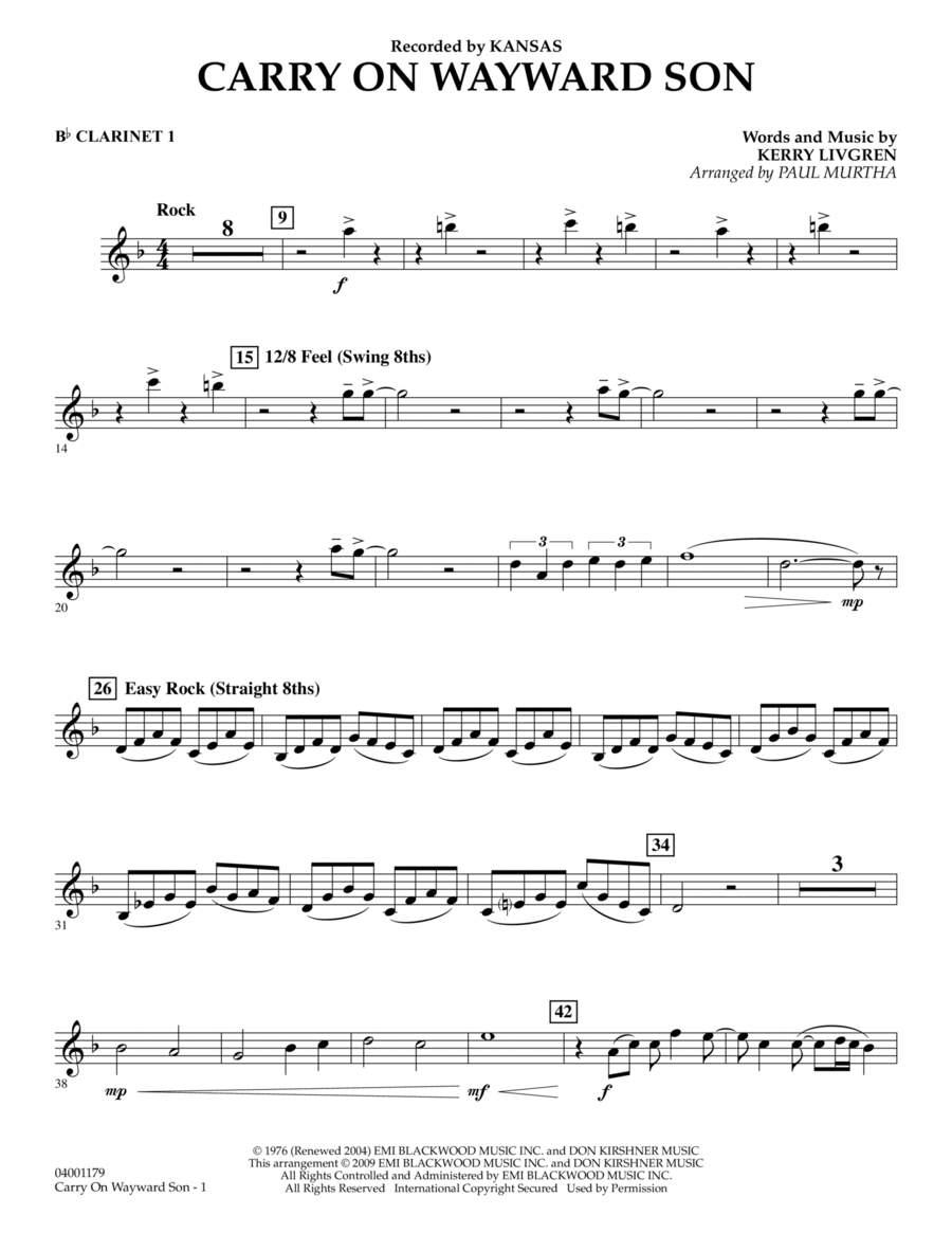 Carry On Wayward Son - Bb Clarinet 1 Concert Band scores gallery preview page 1