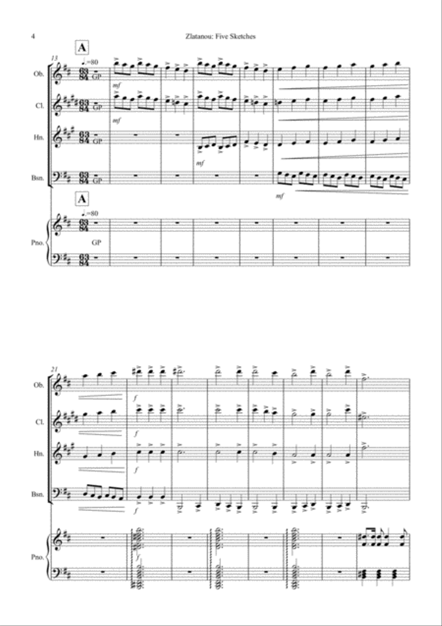 FIVE SKETSCHES, Quintet for Woodwinds (Oboe, Clarinet in Bb, Horn, Bassoon), and Piano Woodwind Quintet scores gallery preview page 4