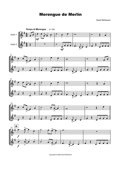 Merengue de Merlín, for Violin Duet