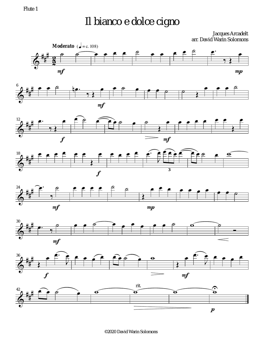 Il bianco e dolce cigno arranged for 3 flutes and alto flute Flute Trio scores gallery preview page 4