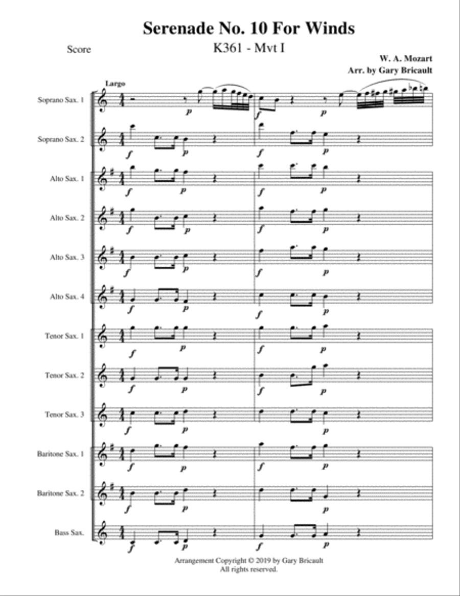 Serenade No. 10 for Winds - Mvt I (Largo) Woodwind Ensemble scores gallery preview page 1