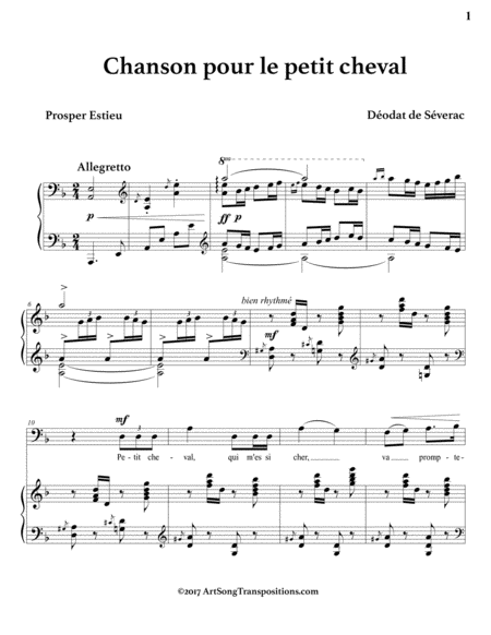 DE SÉVERAC: Chanson pour le petit cheval (transposed to D minor, bass clef)