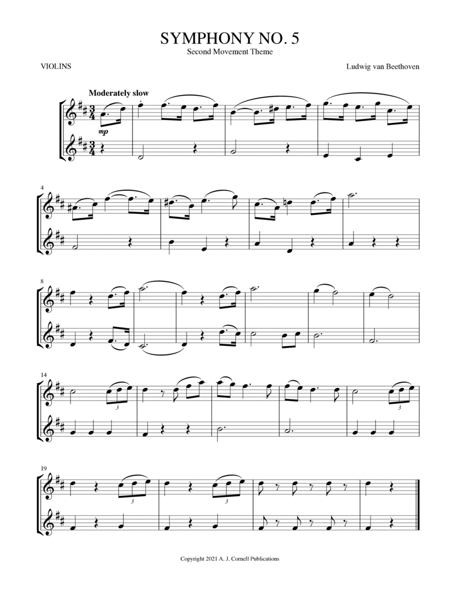 Symphony No. 5, Second Movement Theme String Duet scores gallery preview page 1
