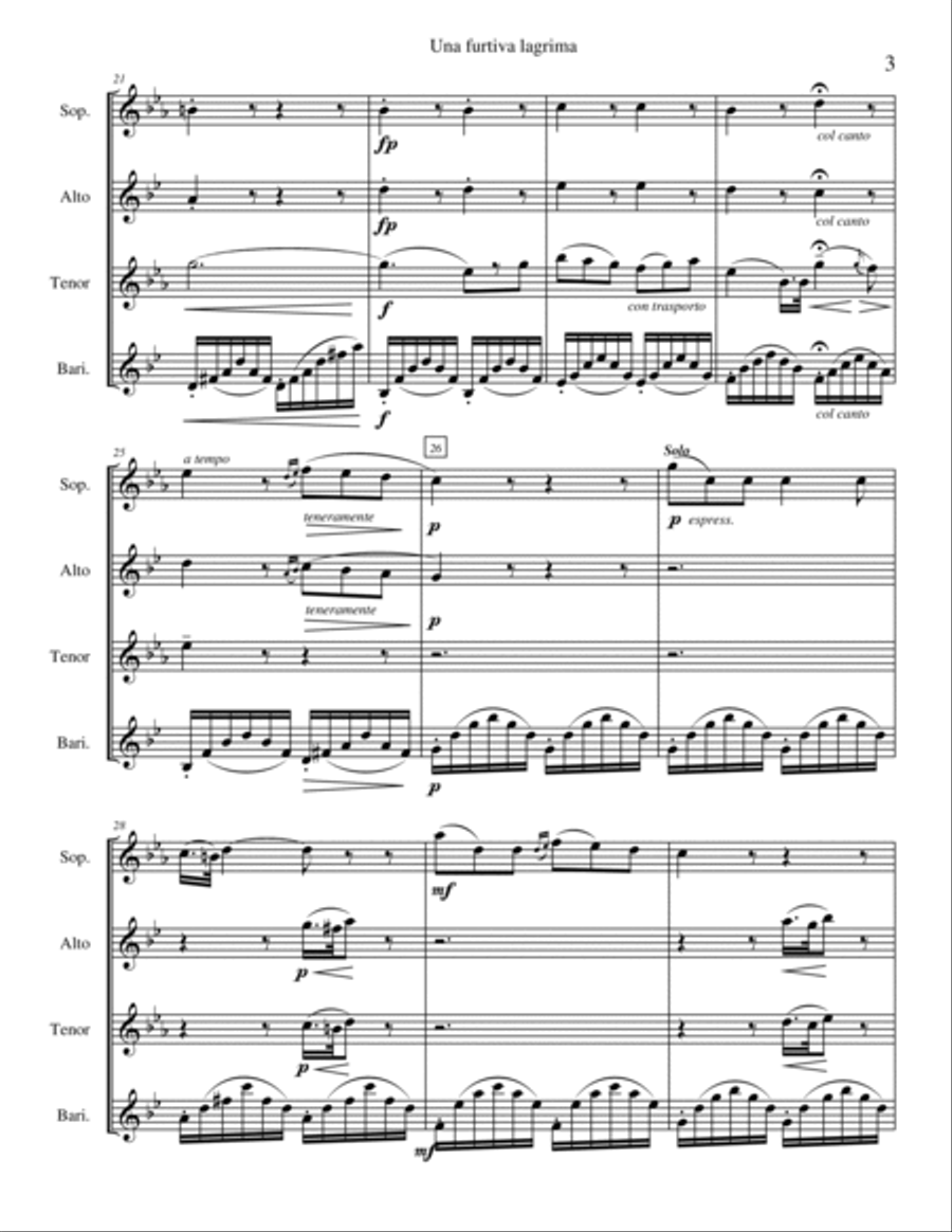Una furtiva lagrima from L'elisir d'amore Saxophone Quartet scores gallery preview page 5