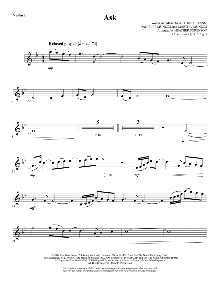 Ask (arr. Heather Sorenson) - Violin 1 Choir scores gallery preview page 1