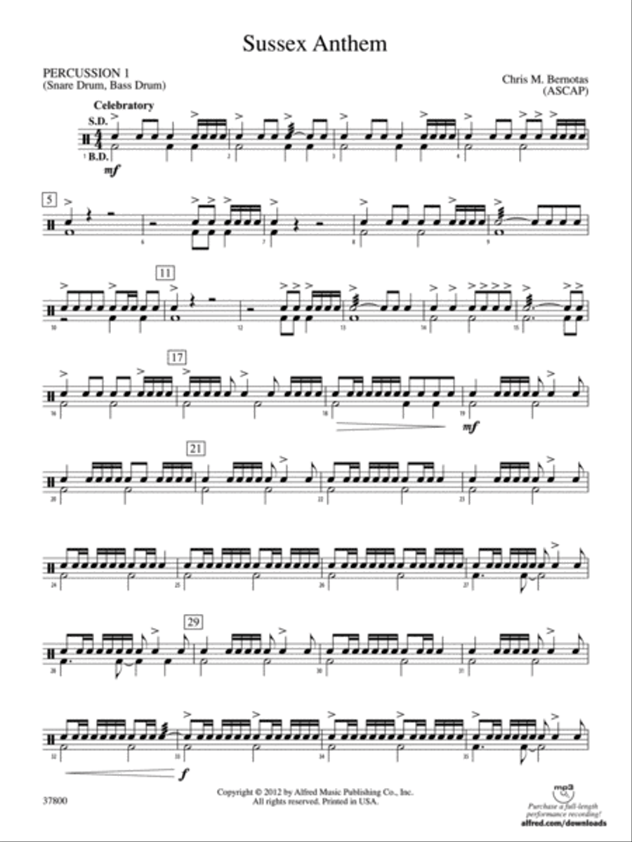 Sussex Anthem: 1st Percussion Concert Band scores gallery preview page 1