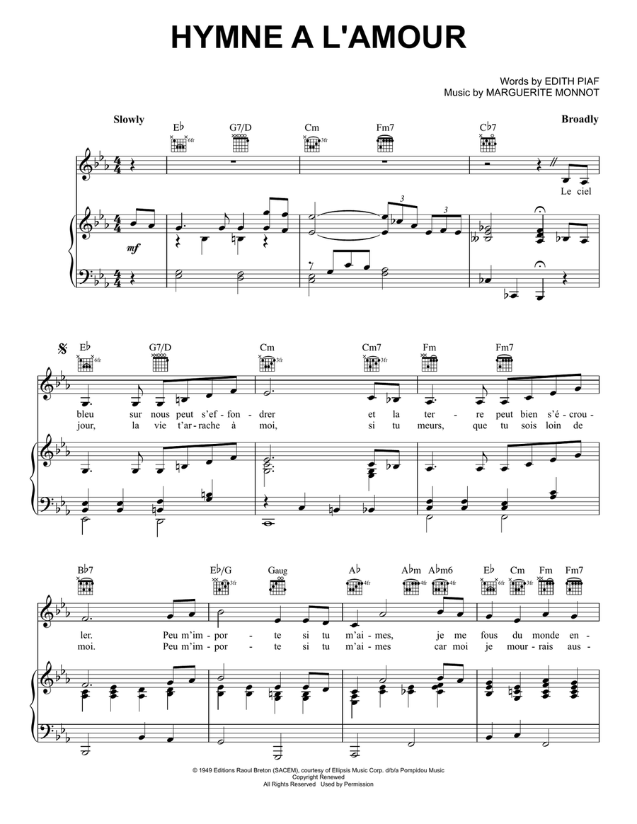 If You Love Me (I Won't Care) (Hymne A L'amour) Piano, Vocal, Guitar scores gallery preview page 1