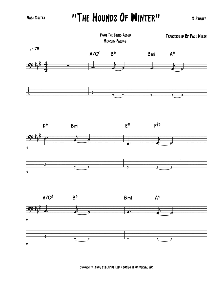 The Hounds Of Winter Bass Guitar scores gallery preview page 1