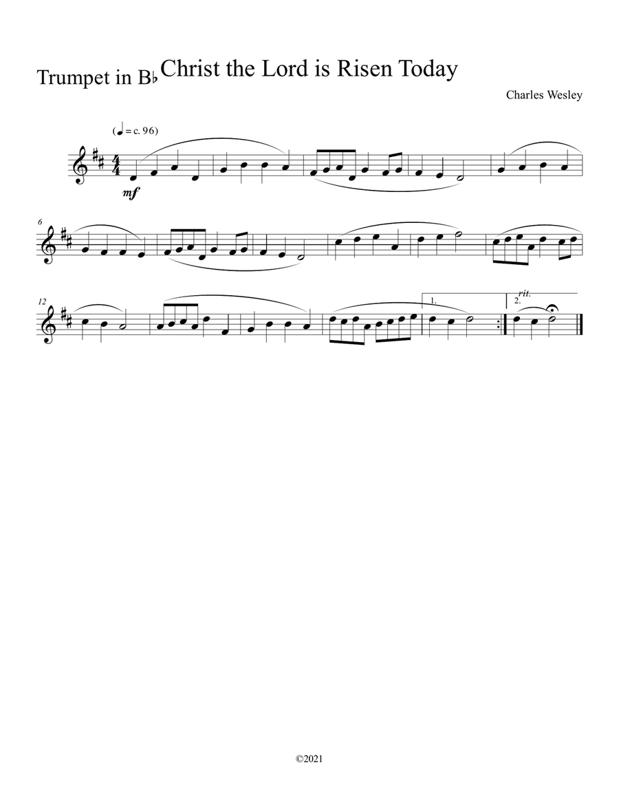 Christ the Lord is Risen Today (trumpet and trombone duet) with optional piano accompaniment Brass Duet scores gallery preview page 3