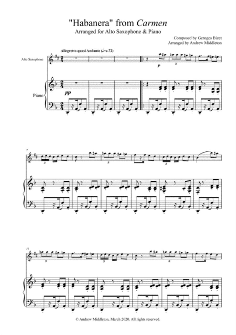 Habanera from Carmen arranged for Alto Saxophone and Piano Alto Saxophone scores gallery preview page 1